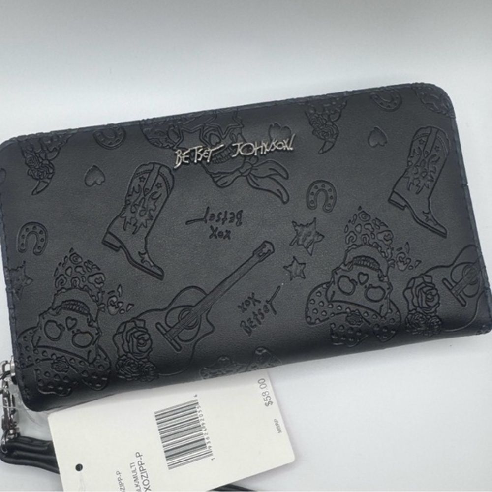 NWT Betsey Johnson Black Cowboy Boots Skulls Guitars Embossed Wallet Wristlet